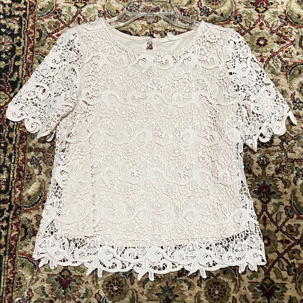 Adiva Women's Beige Lace Overlay Short-Sleeve Top